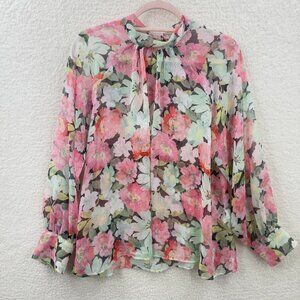 Zara Floral semi sheer Scarf Neck Long sleeve Blouse Top chic Boho Size M